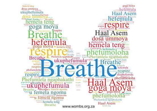 Breathe poster — the word 'Breathe' and its translations across South African languages arranged in the shape of a butterfly