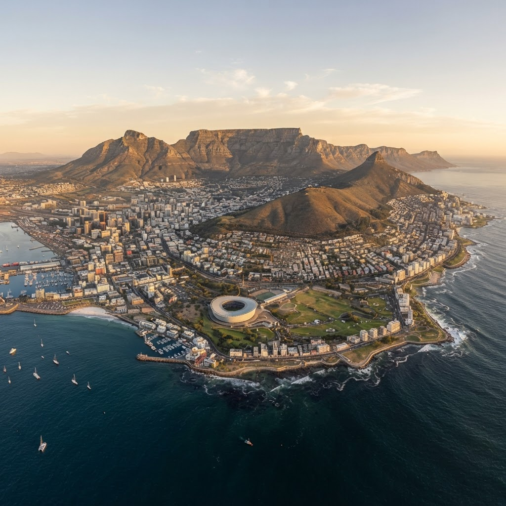 Aerial view of Cape Town with Table Mountain and the coastline