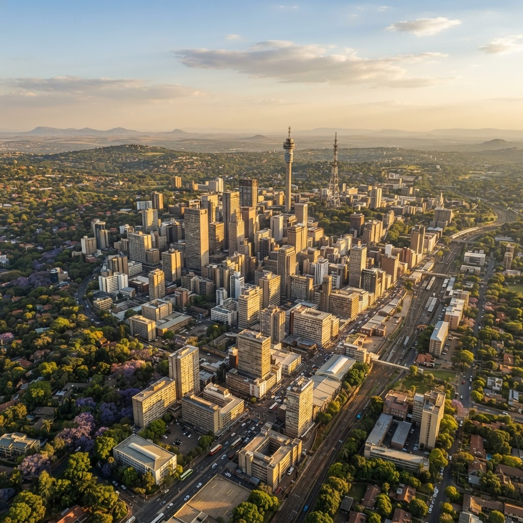 Aerial view of the Johannesburg skyline and suburbs
